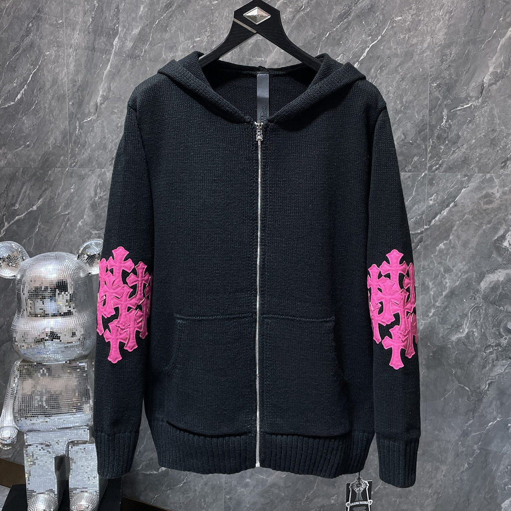 Pink Leather Cross Patch Black Wool Hoodie™