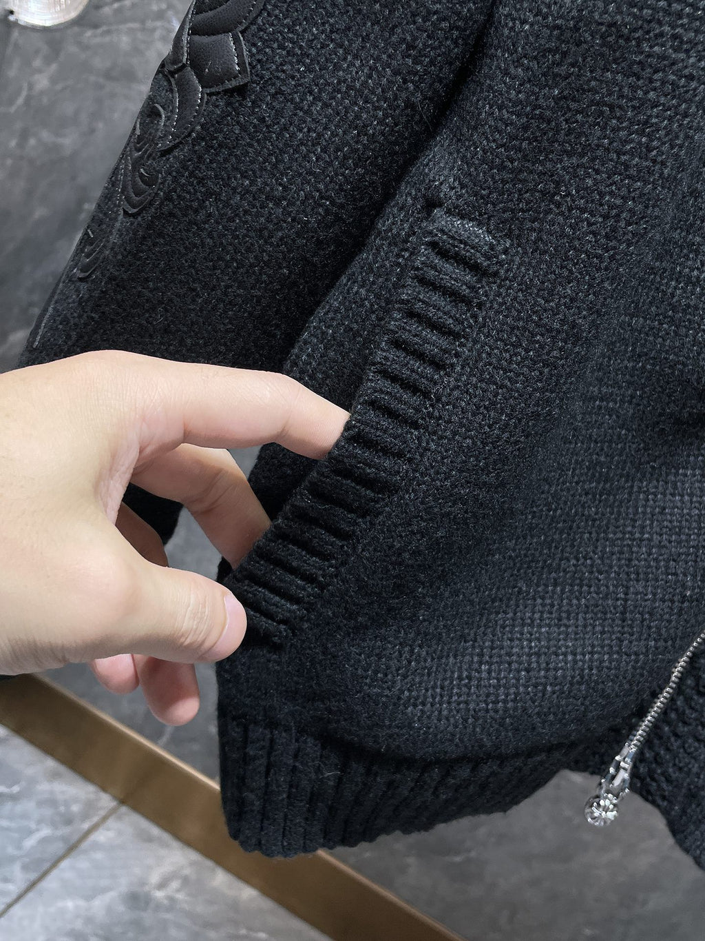 Leather Floral Sleeve Black Wool Hoodie™