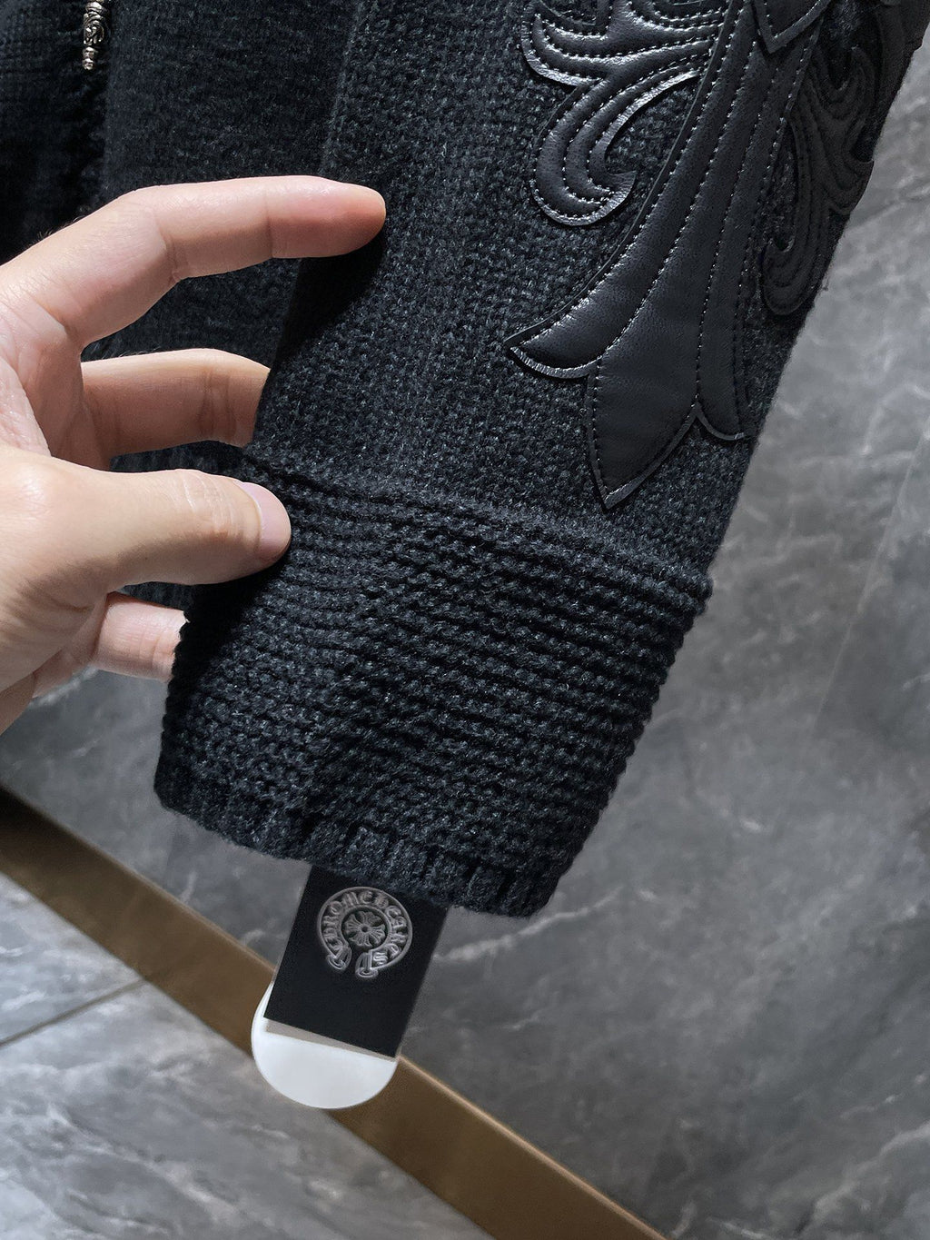 Leather Floral Sleeve Black Wool Hoodie™