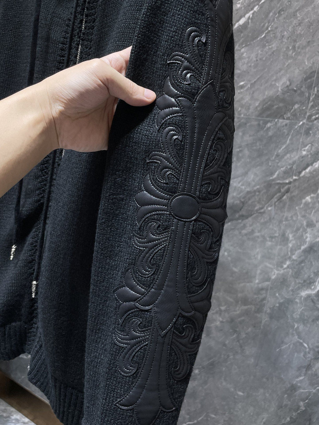 Leather Floral Sleeve Black Wool Hoodie™