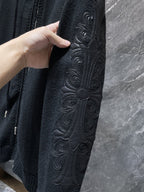 Leather Floral Sleeve Black Wool Hoodie™