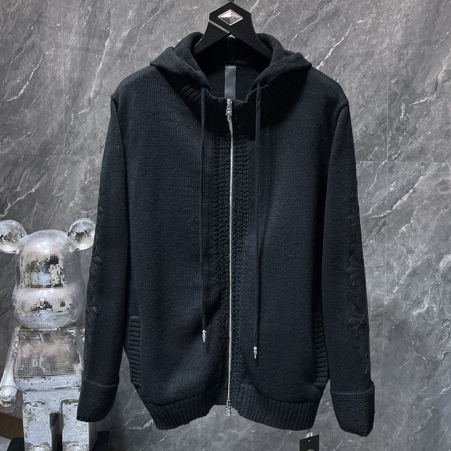 Leather Floral Sleeve Black Wool Hoodie™