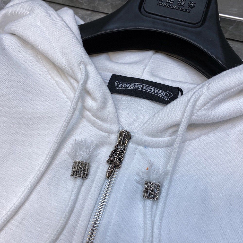 Multicolor Leather Cross Sleeves White Full Zip Hoodie™