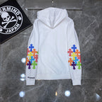 Multicolor Leather Cross Sleeves White Full Zip Hoodie™