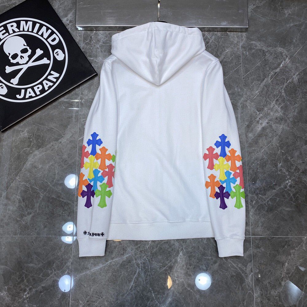 Multi Color Leather Cross Sleeves White Full Zip Hoodie™