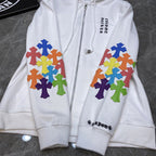 Multicolor Leather Cross Sleeves White Full Zip Hoodie™