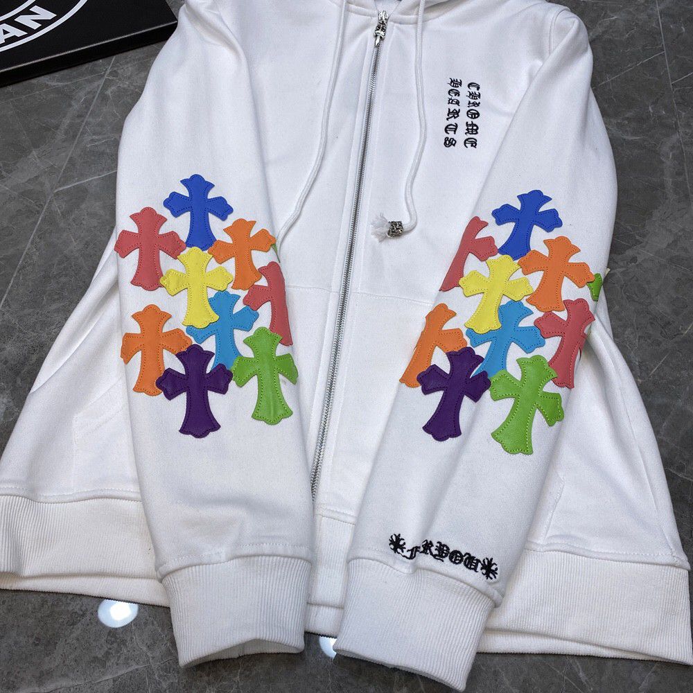 Multi Color Leather Cross Sleeves White Full Zip Hoodie™