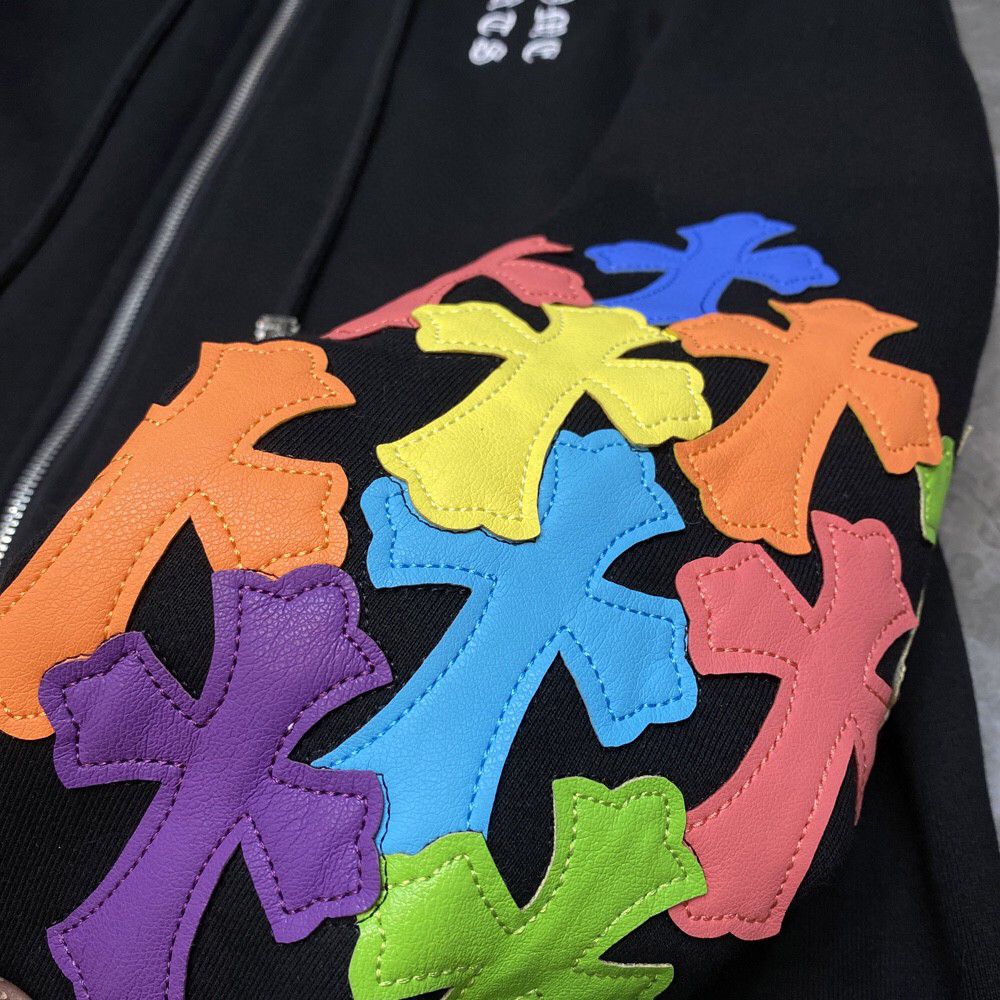 Multicolor Leather Cross Sleeves Black Full Zip Hoodie™