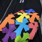 Multicolor Leather Cross Sleeves Black Full Zip Hoodie™