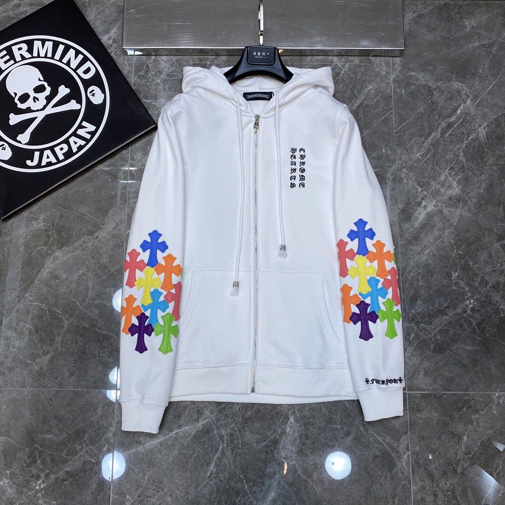 Multicolor Leather Cross Sleeves White Full Zip Hoodie™