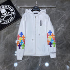 Multicolor Leather Cross Sleeves White Full Zip Hoodie™