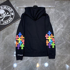 Multicolor Leather Cross Sleeves Black Full Zip Hoodie™
