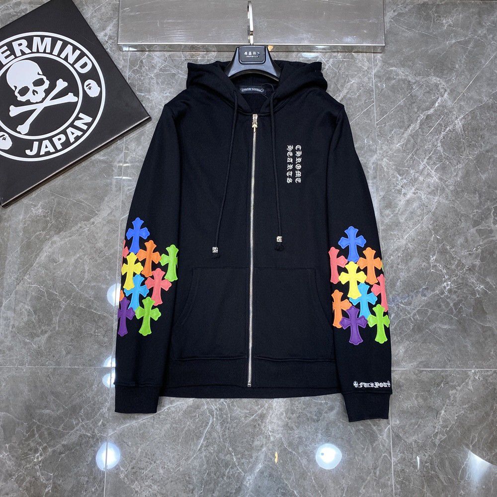 Multicolor Leather Cross Sleeves Black Full Zip Hoodie™