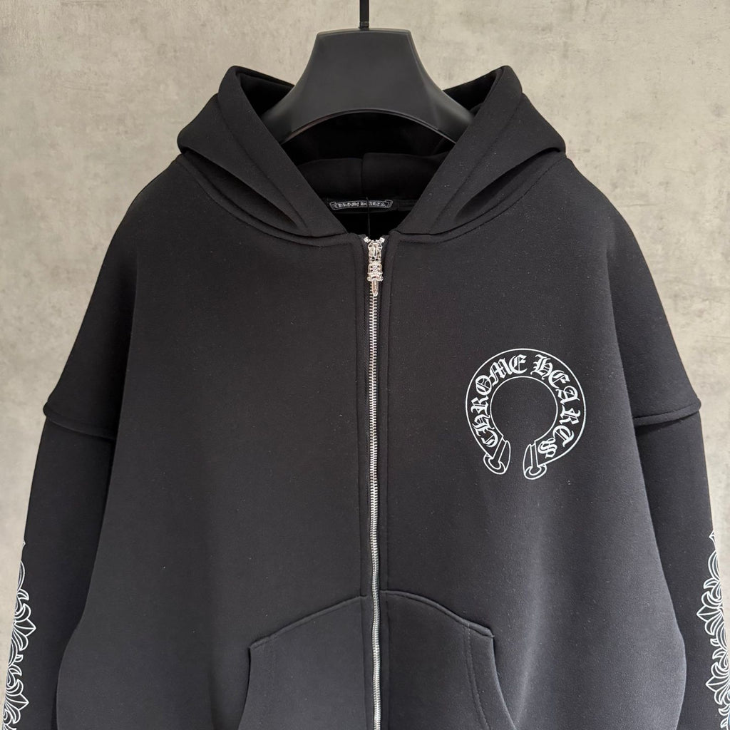 White Horse Shoe Logo Black Oversized Hoodie™