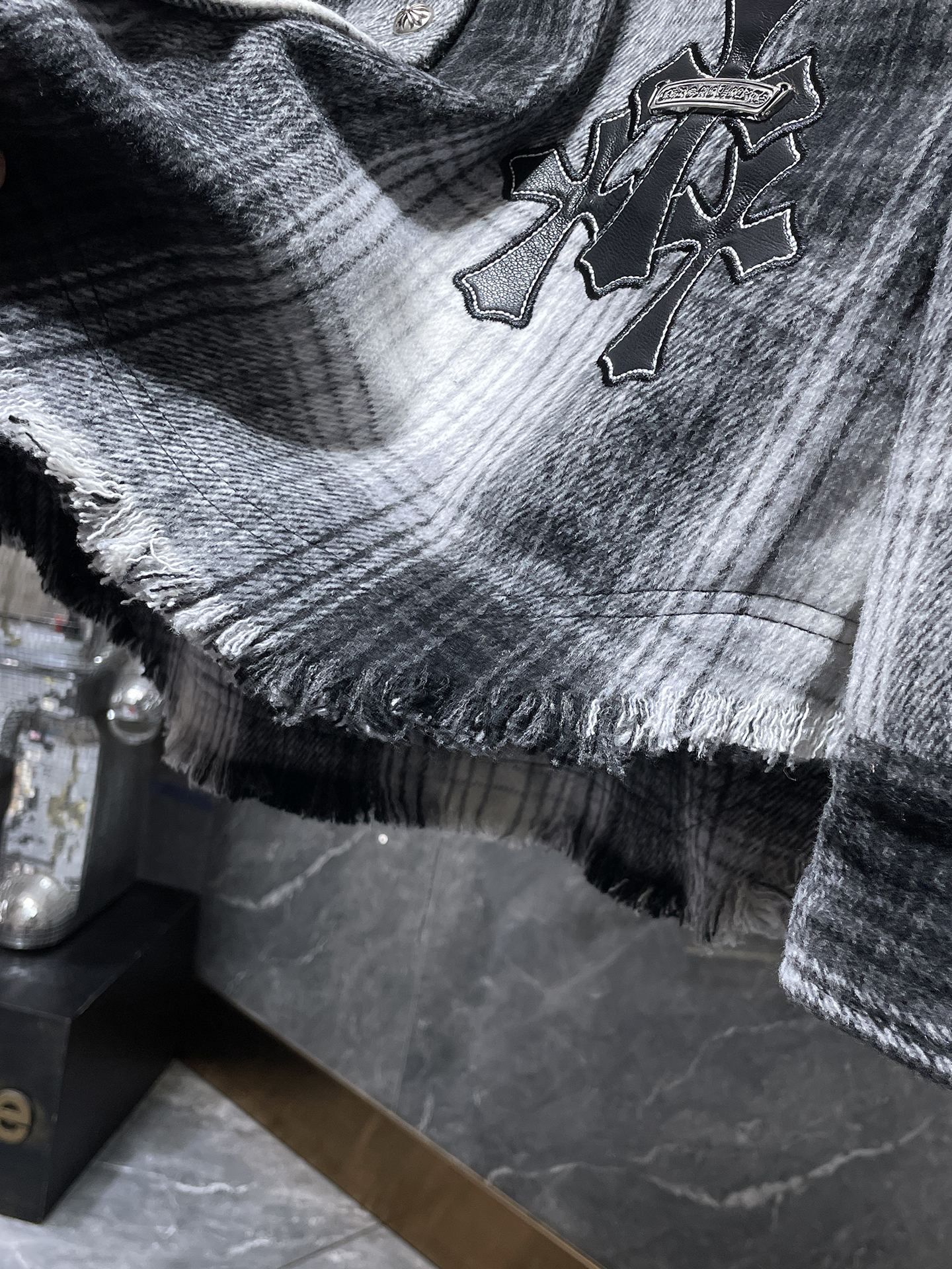 Black Leather Crosses & Fleur De Lis Checkered Grey Flannel™