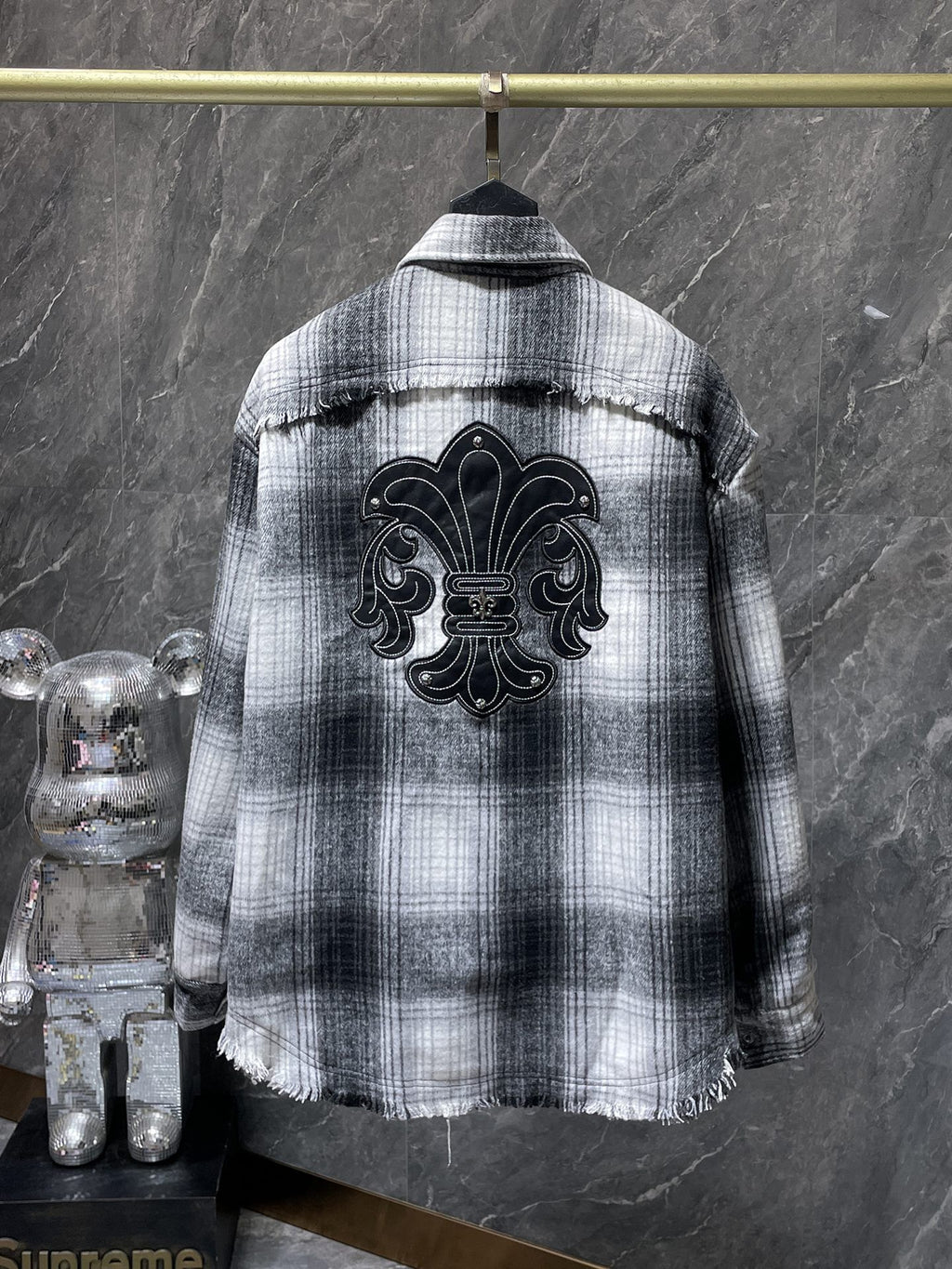 Black Leather Crosses & Fleur De Lis Checkered Grey Flannel™