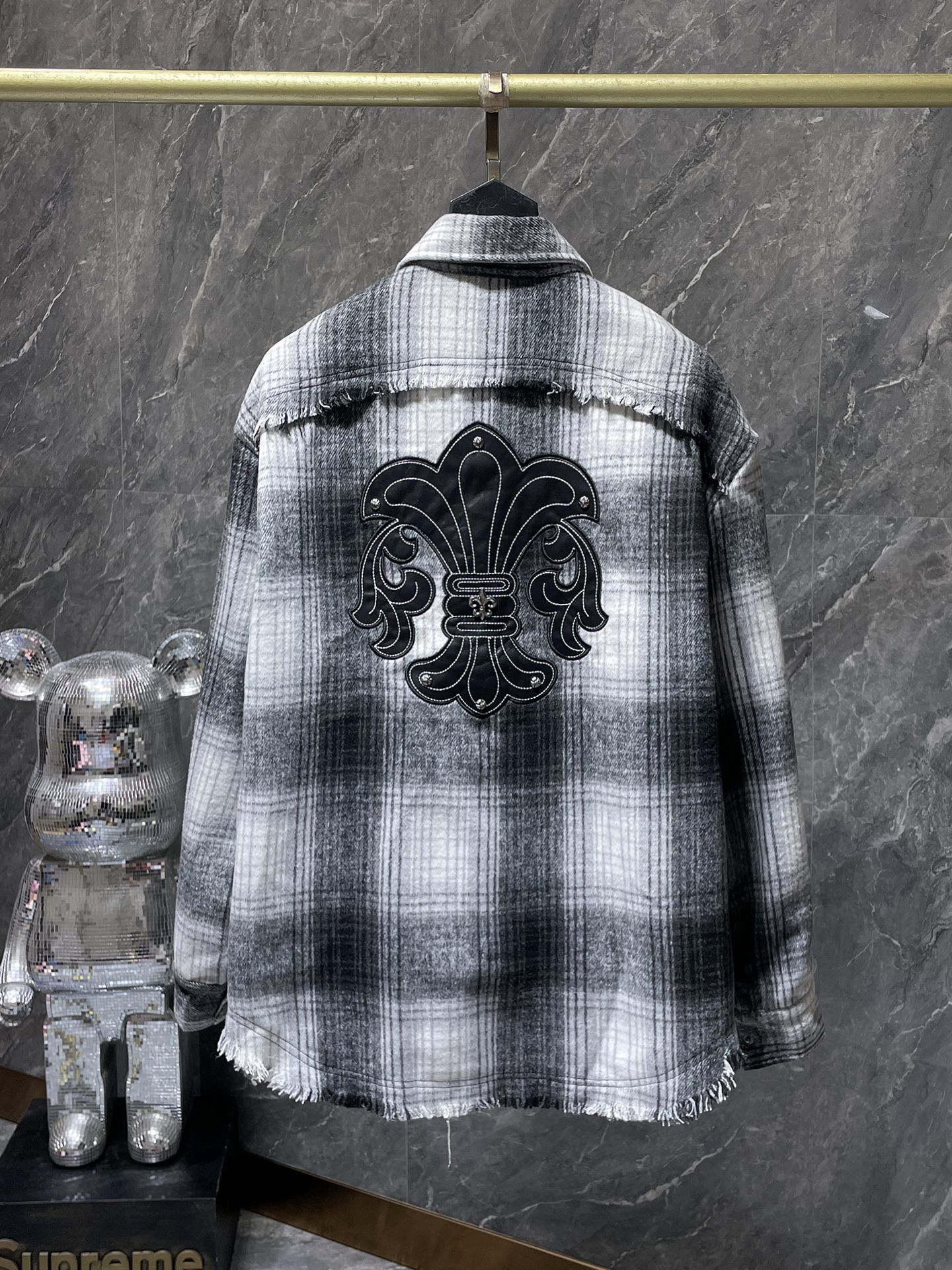 Black Leather Crosses & Fleur De Lis Checkered Grey Flannel™