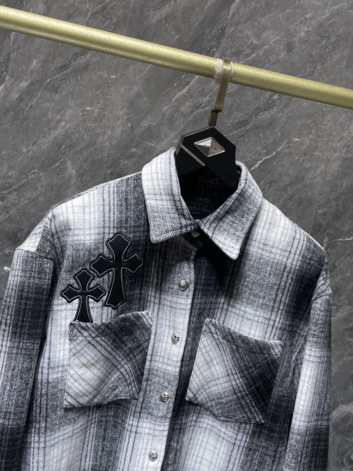 Black Leather Crosses & Fleur De Lis Checkered Grey Flannel™