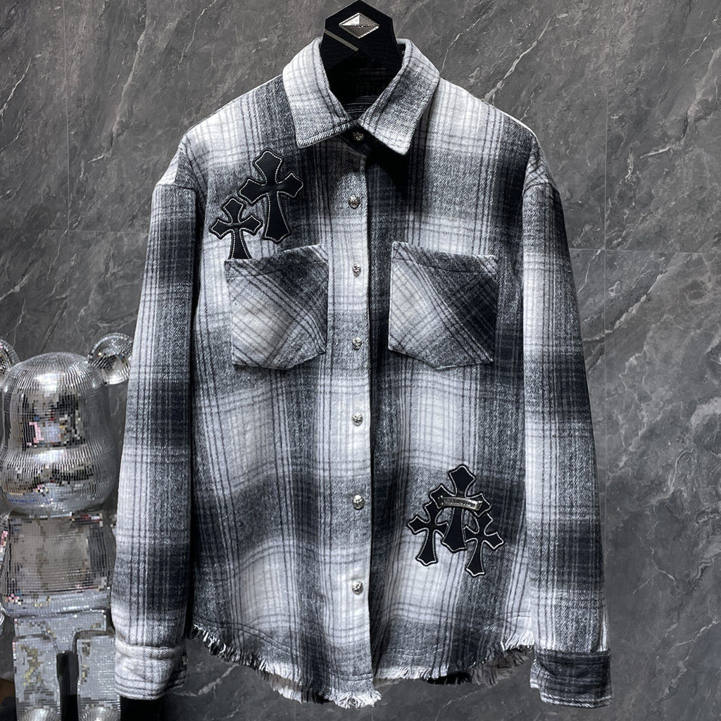 Black Leather Crosses & Fleur De Lis Checkered Grey Flannel™