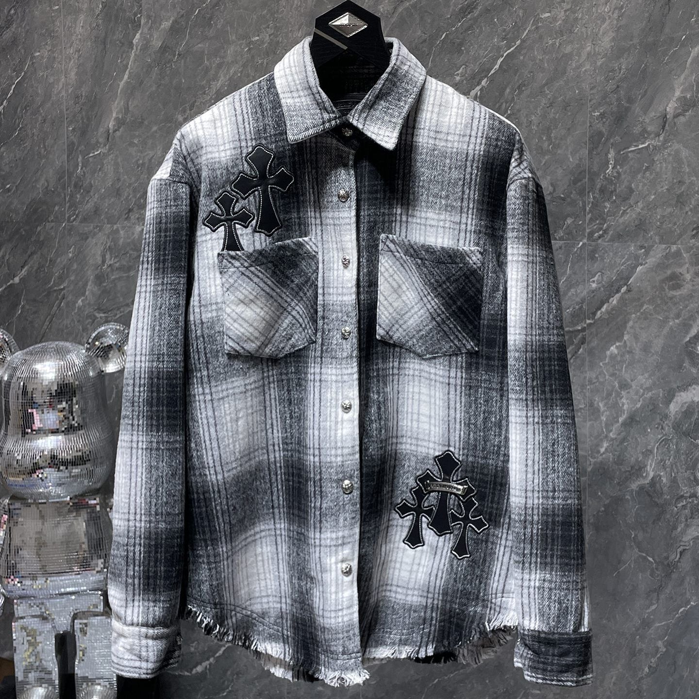 Black Leather Crosses & Fleur De Lis Checkered Grey Flannel™