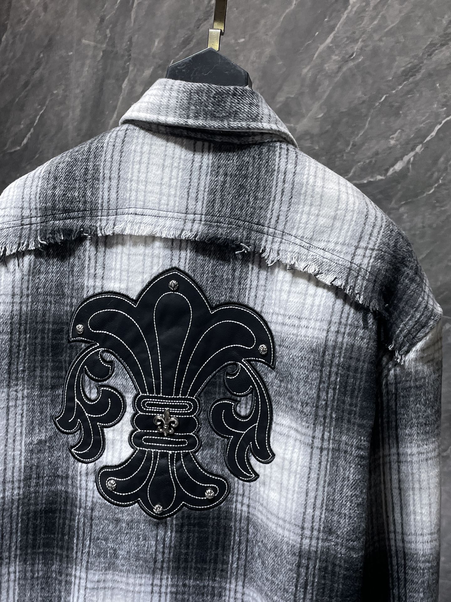 Black Leather Crosses & Fleur De Lis Checkered Grey Flannel™
