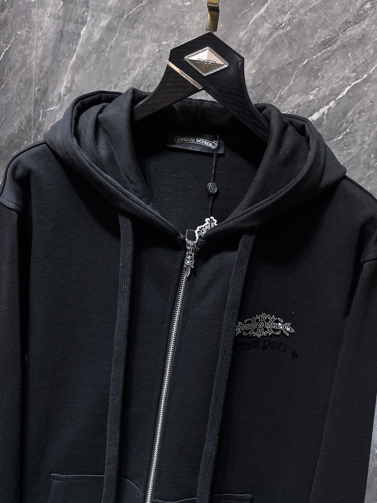 Rhinestone Logo Black Full Zip Hoodie™