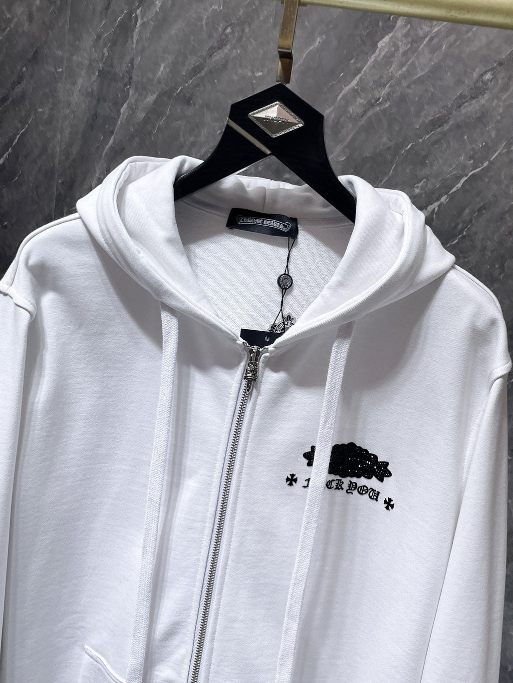 Black Rhinestone Logo White Full Zip Hoodie™