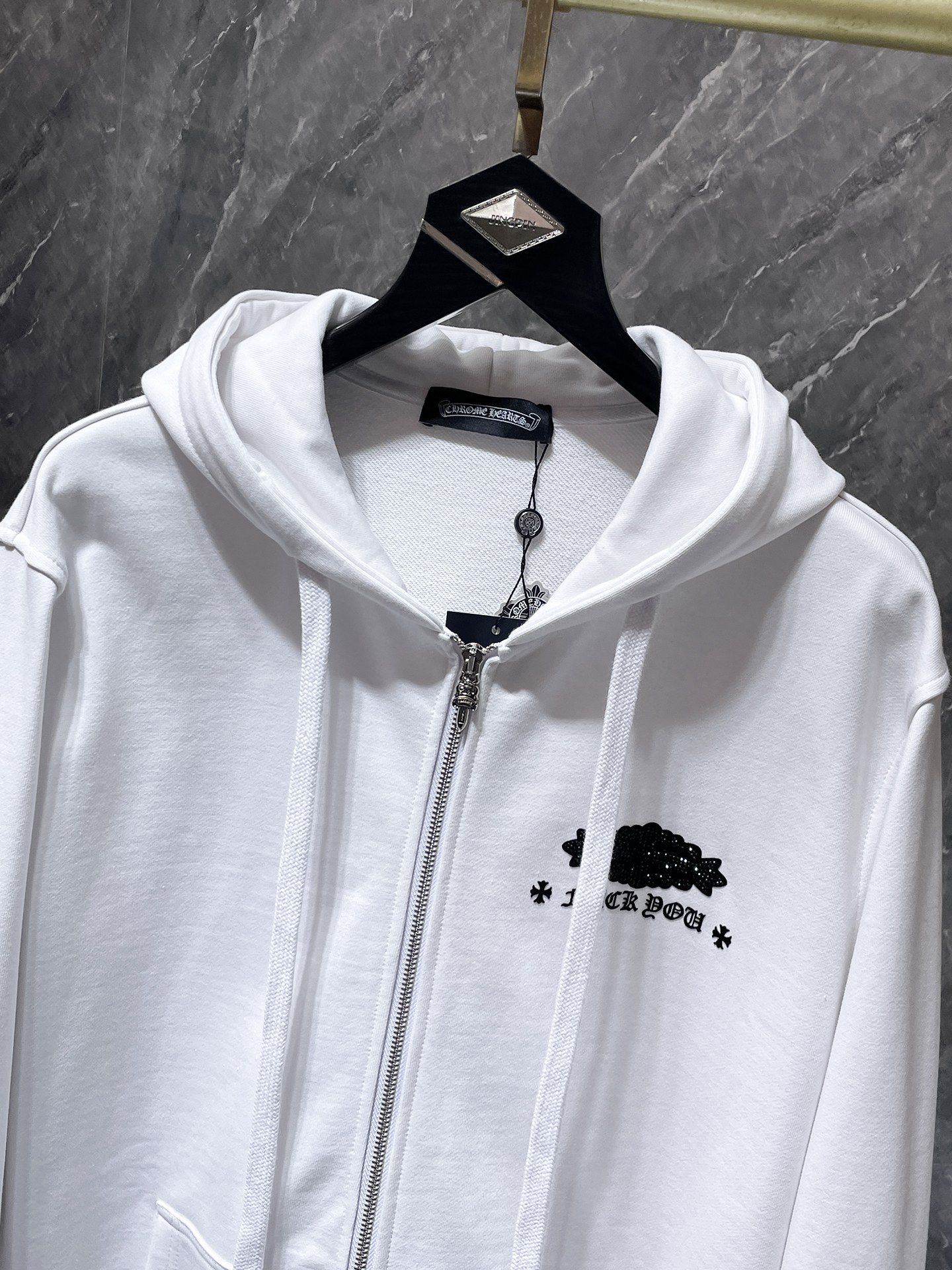 Black Rhinestone Logo White Full Zip Hoodie™