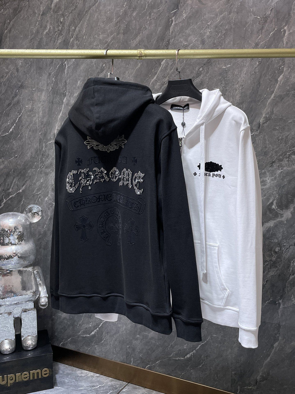Black Rhinestone Logo White Full Zip Hoodie™