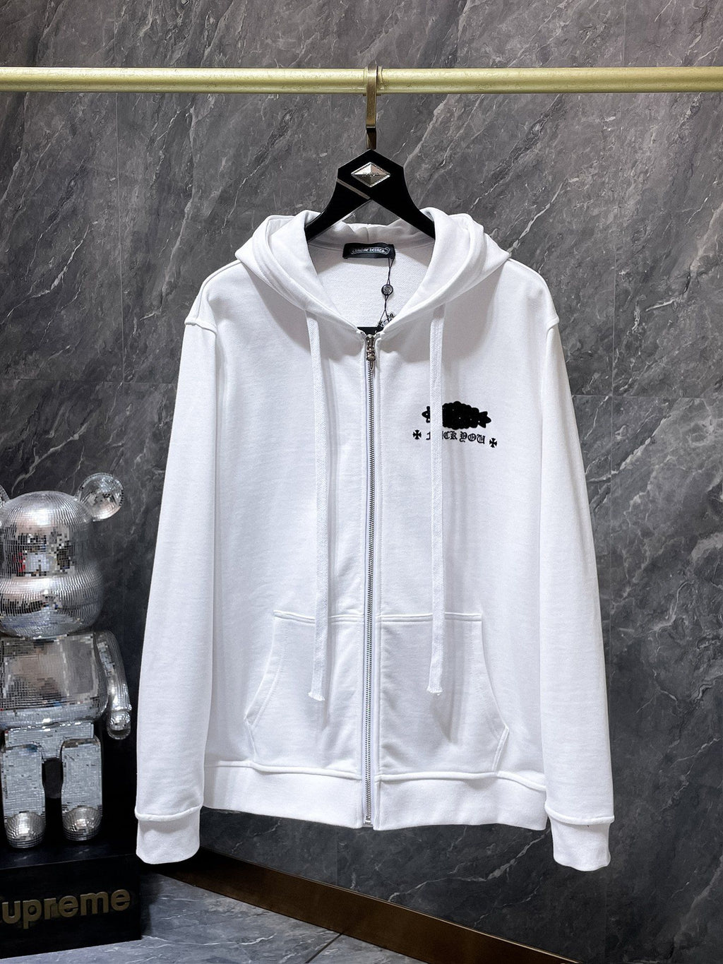Black Rhinestone Logo White Full Zip Hoodie™