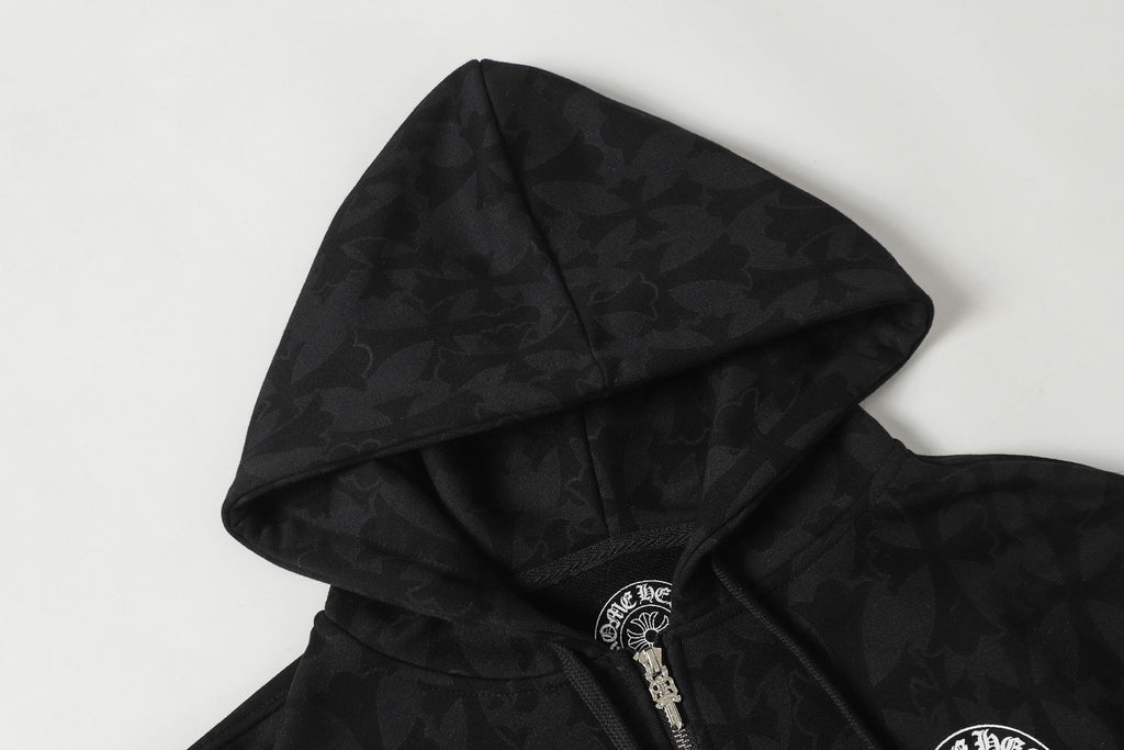 Cross Pattern Black Full Zip Hoodie™