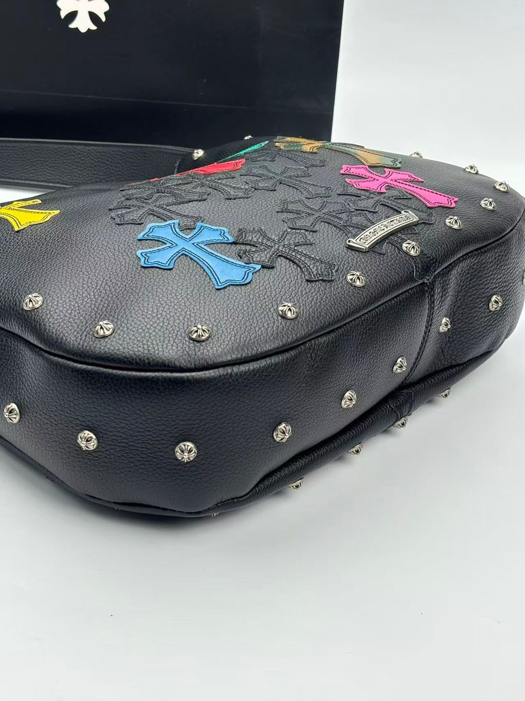 Multi Color Cross Patch Black Leather Handbag™