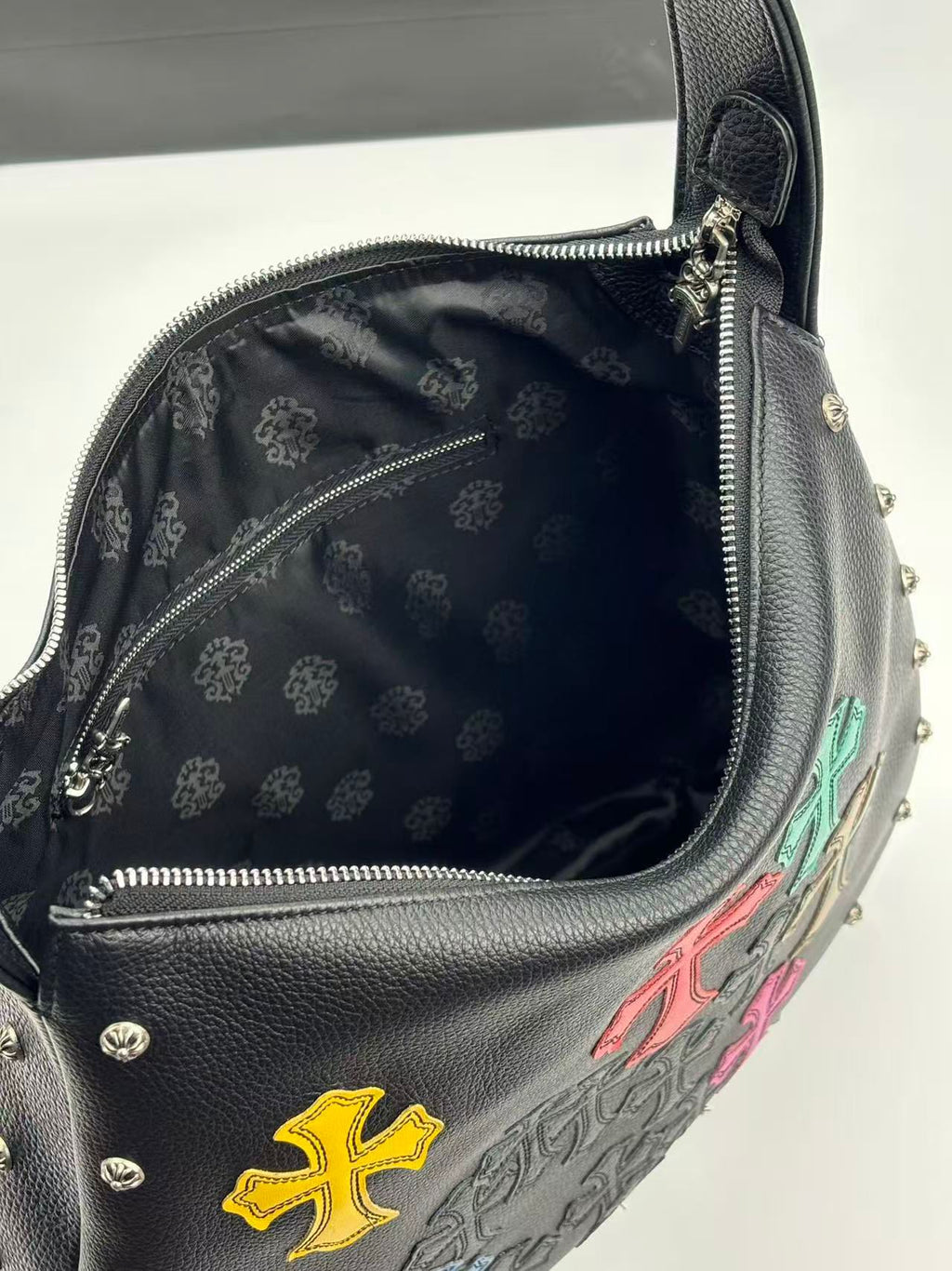 Multi Color Cross Patch Black Leather Handbag™