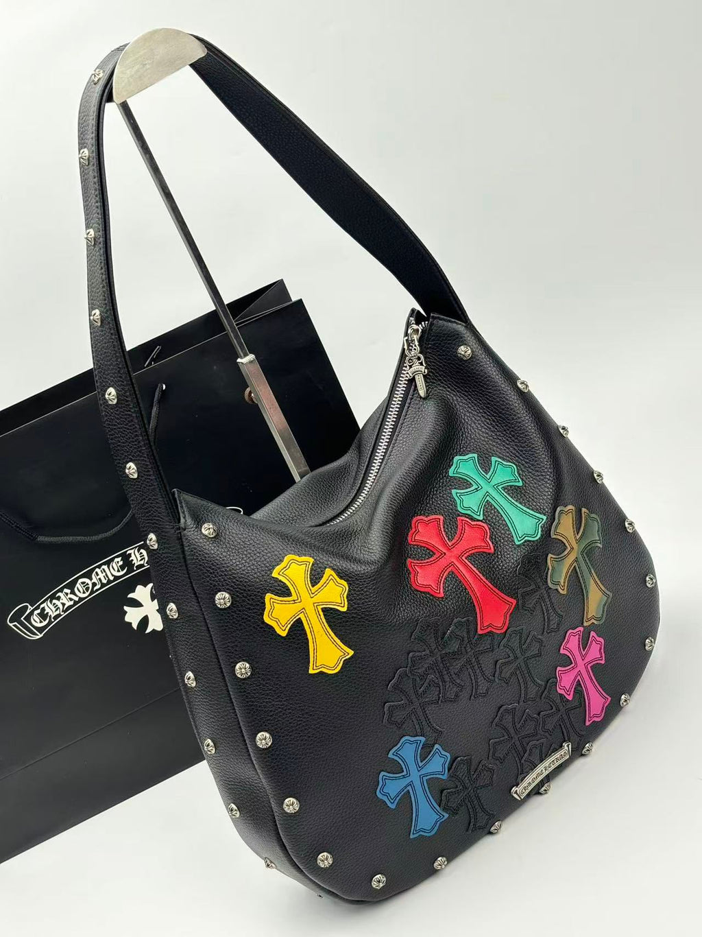 Multi Color Cross Patch Black Leather Handbag™