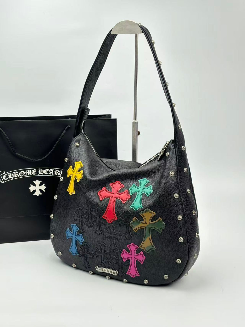 Multi Color Cross Patch Black Leather Handbag™