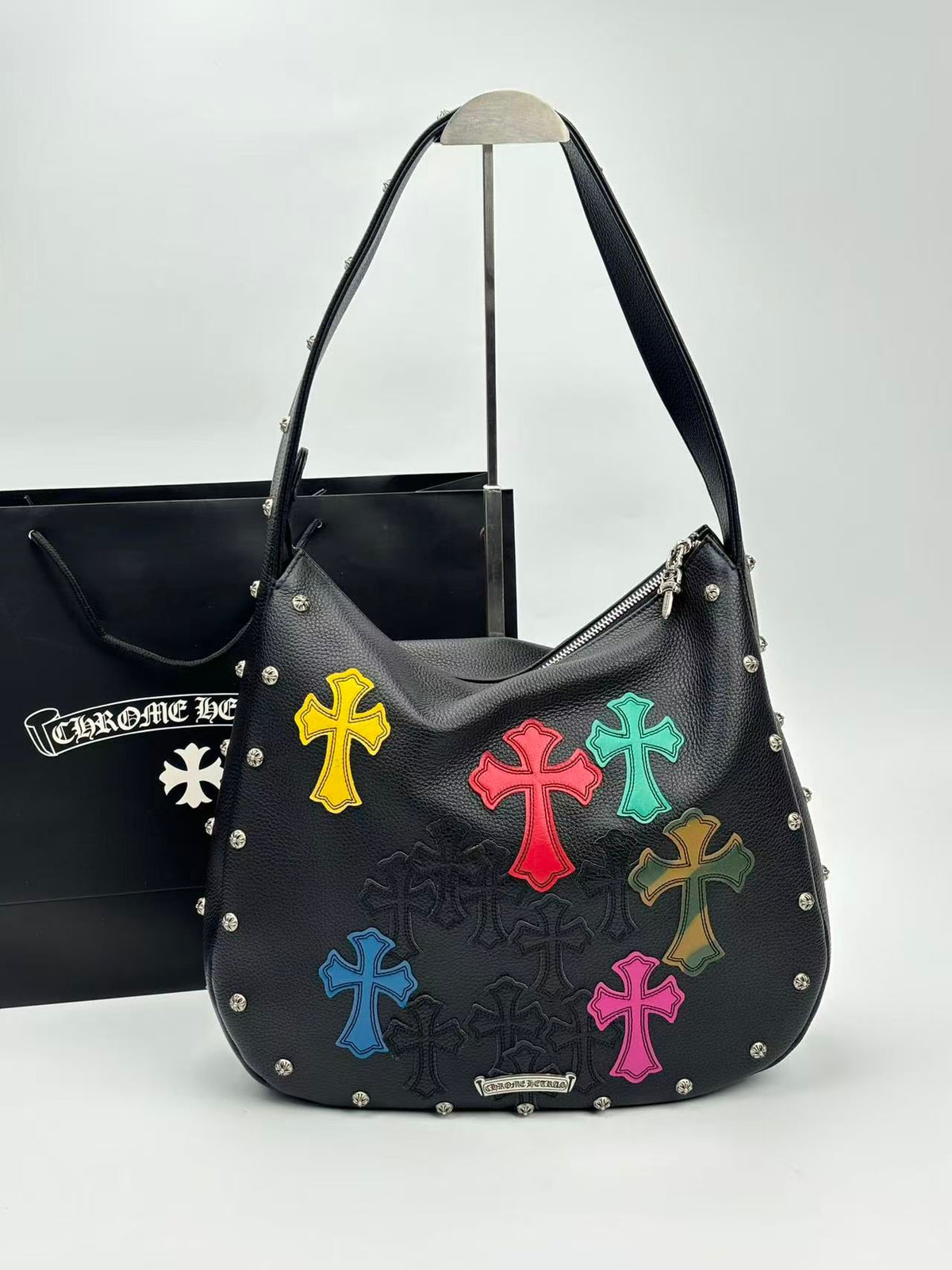 Multi Color Cross Patch Black Leather Handbag™