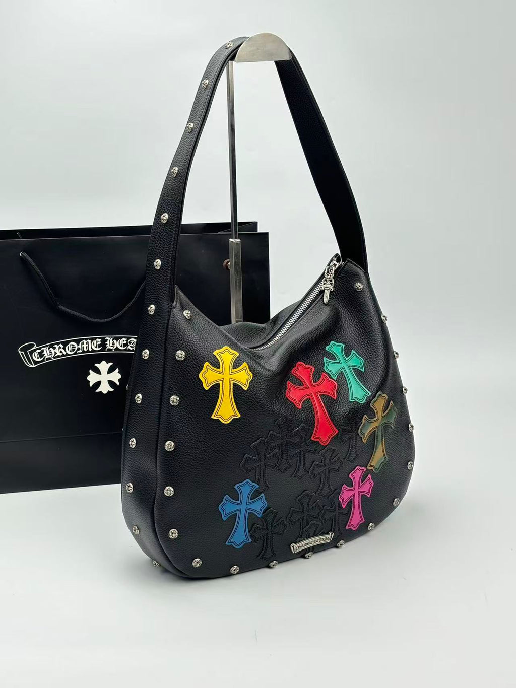 Multi Color Cross Patch Black Leather Handbag™