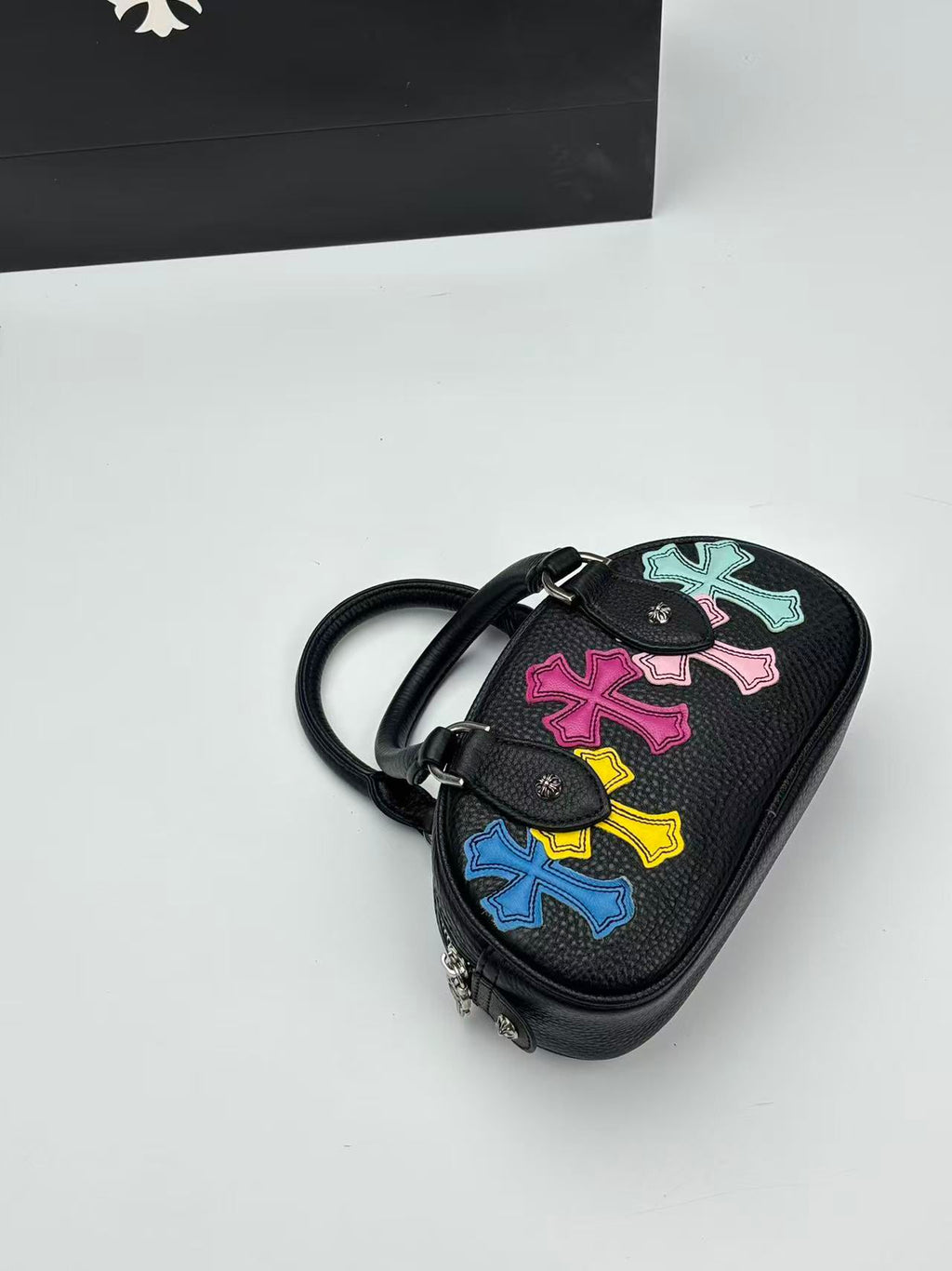 Multi Color Cross Patch Black Leather Mini Handbag™
