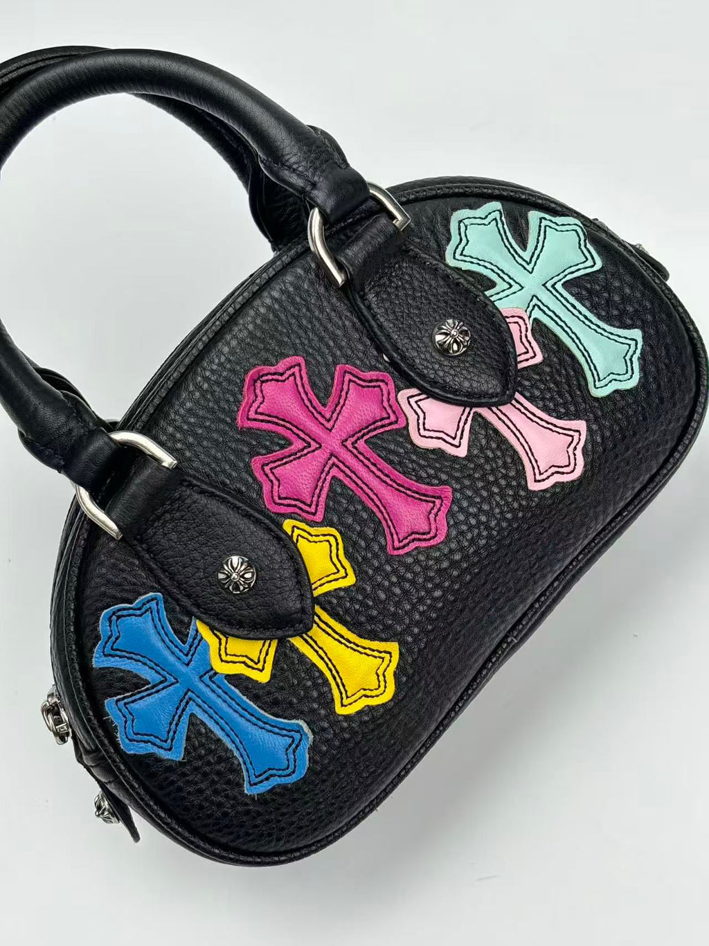Multi Color Cross Patch Black Leather Mini Handbag™