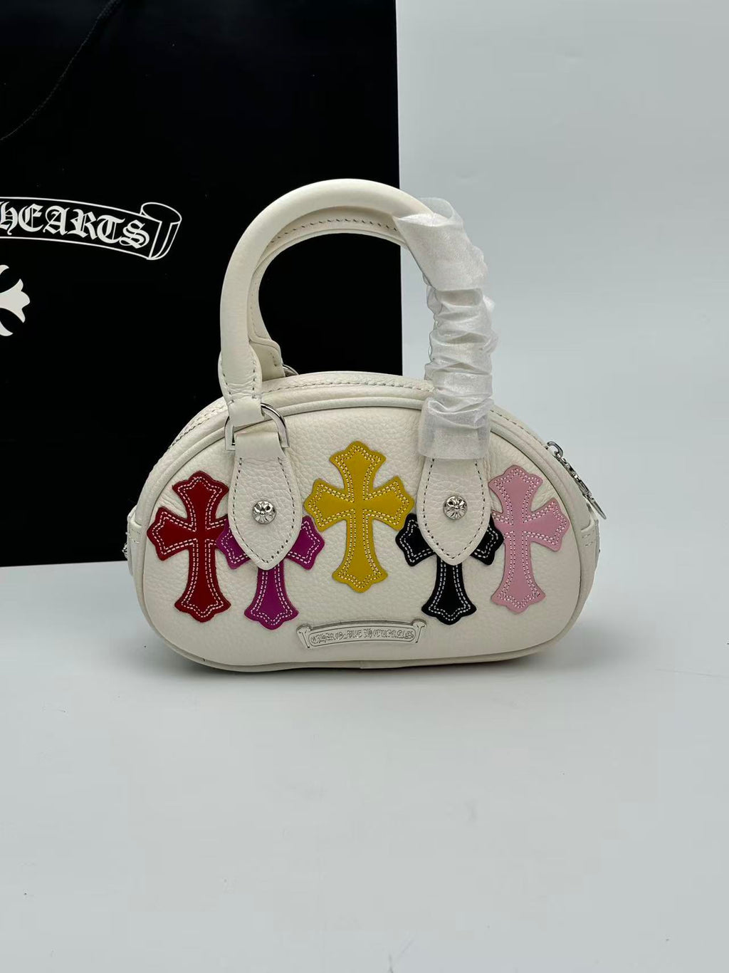 Multi Color Cross Patch White Leather Mini Handbag™