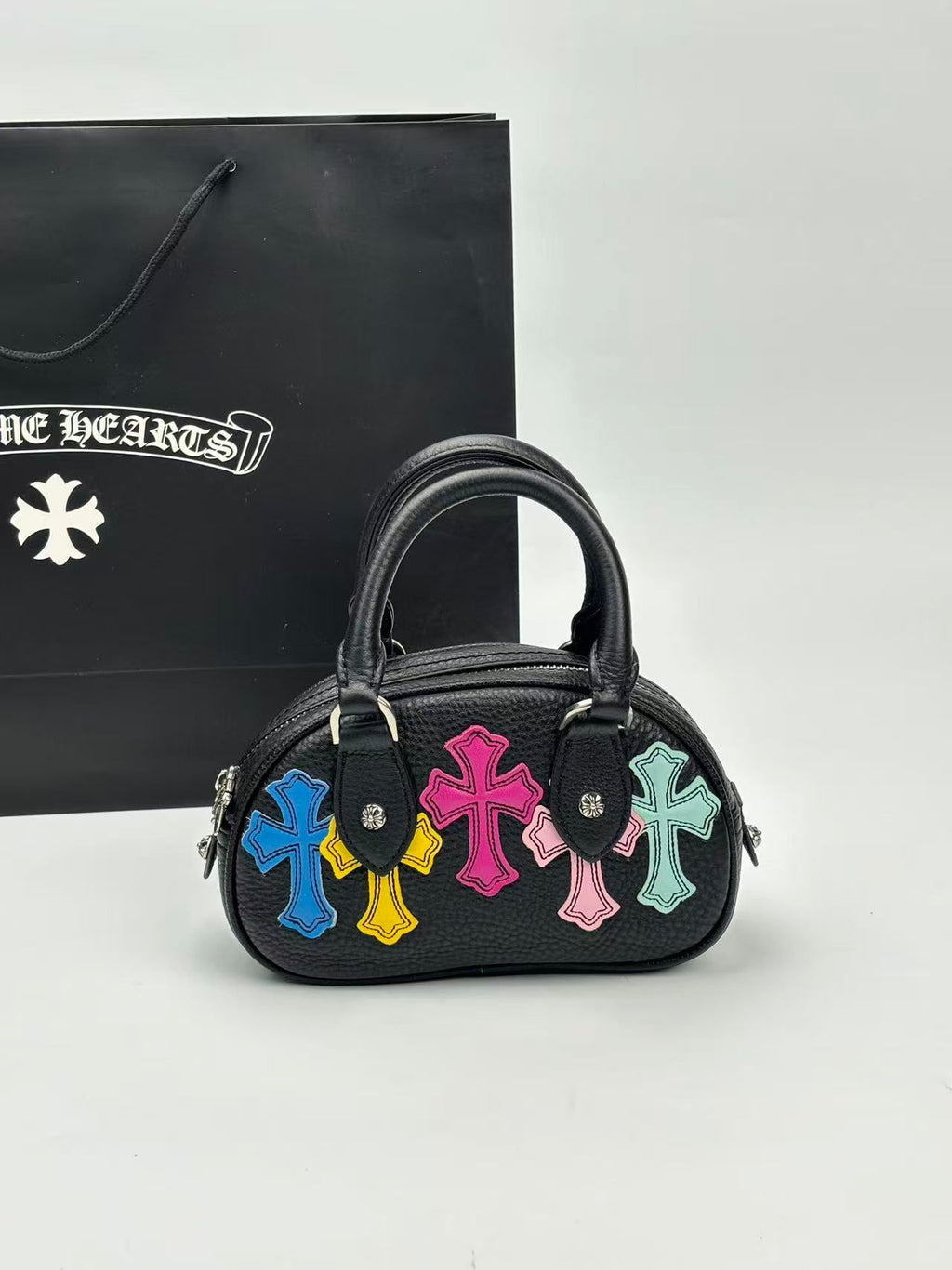 Multi Color Cross Patch Black Leather Mini Handbag™