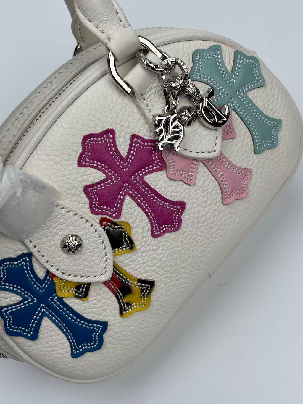 Multi Color Cross Patch White Leather Mini Handbag™