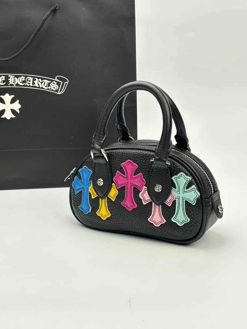 Multi Color Cross Patch Black Leather Mini Handbag™
