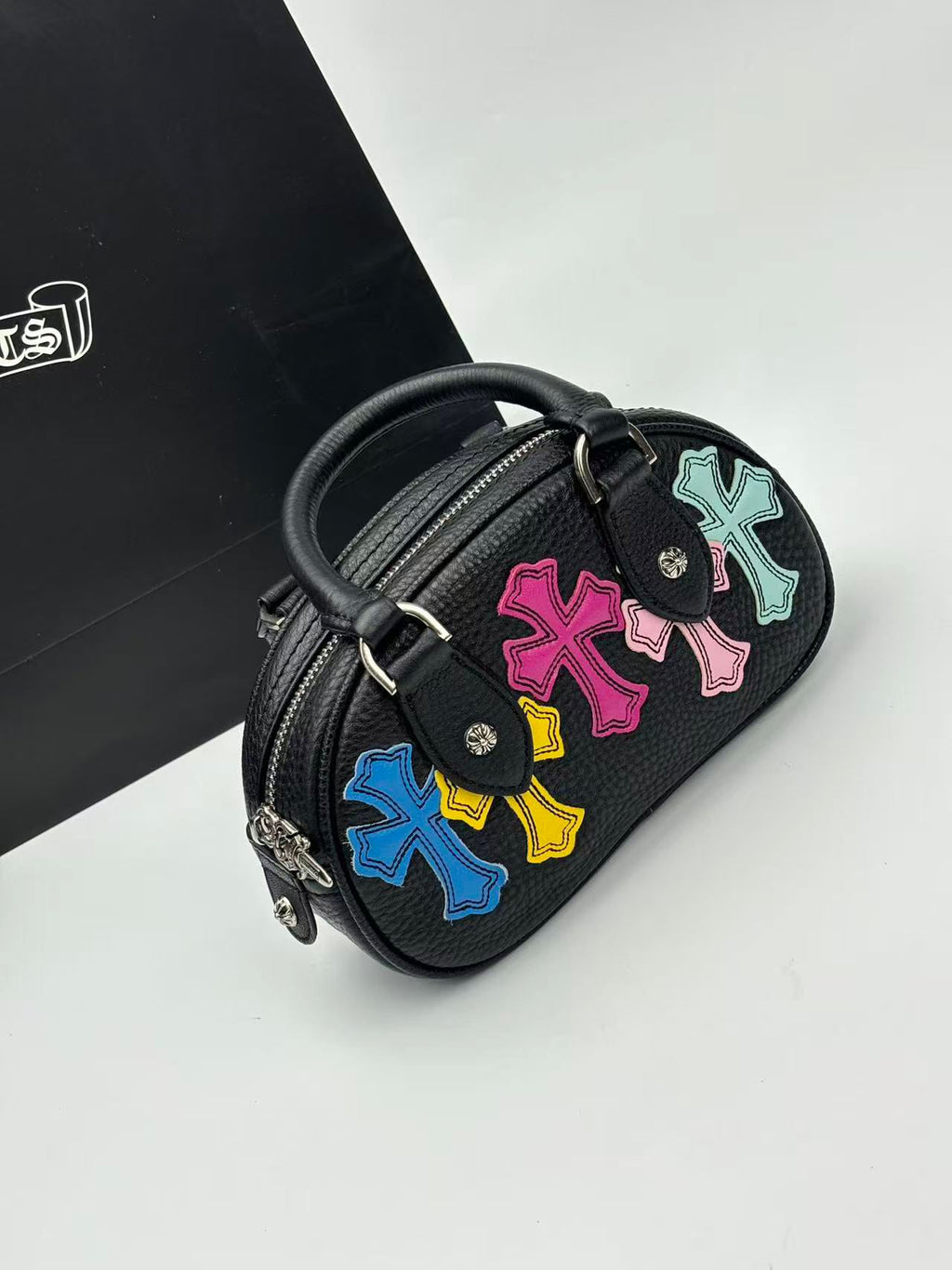 Multi Color Cross Patch Black Leather Mini Handbag™