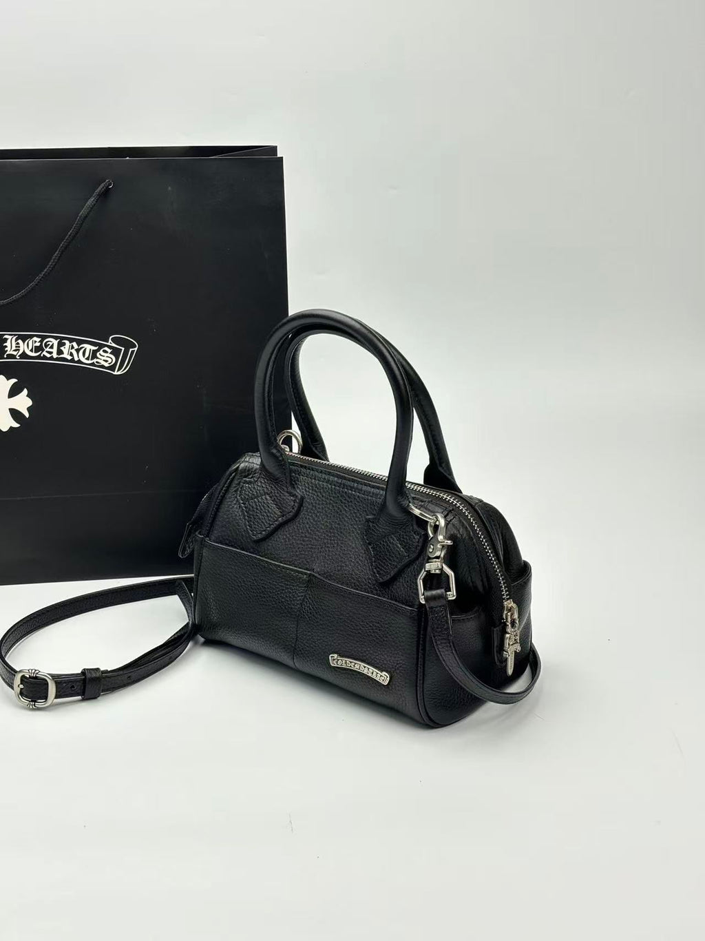 Silver Typography Logo Black Leather Handbag™