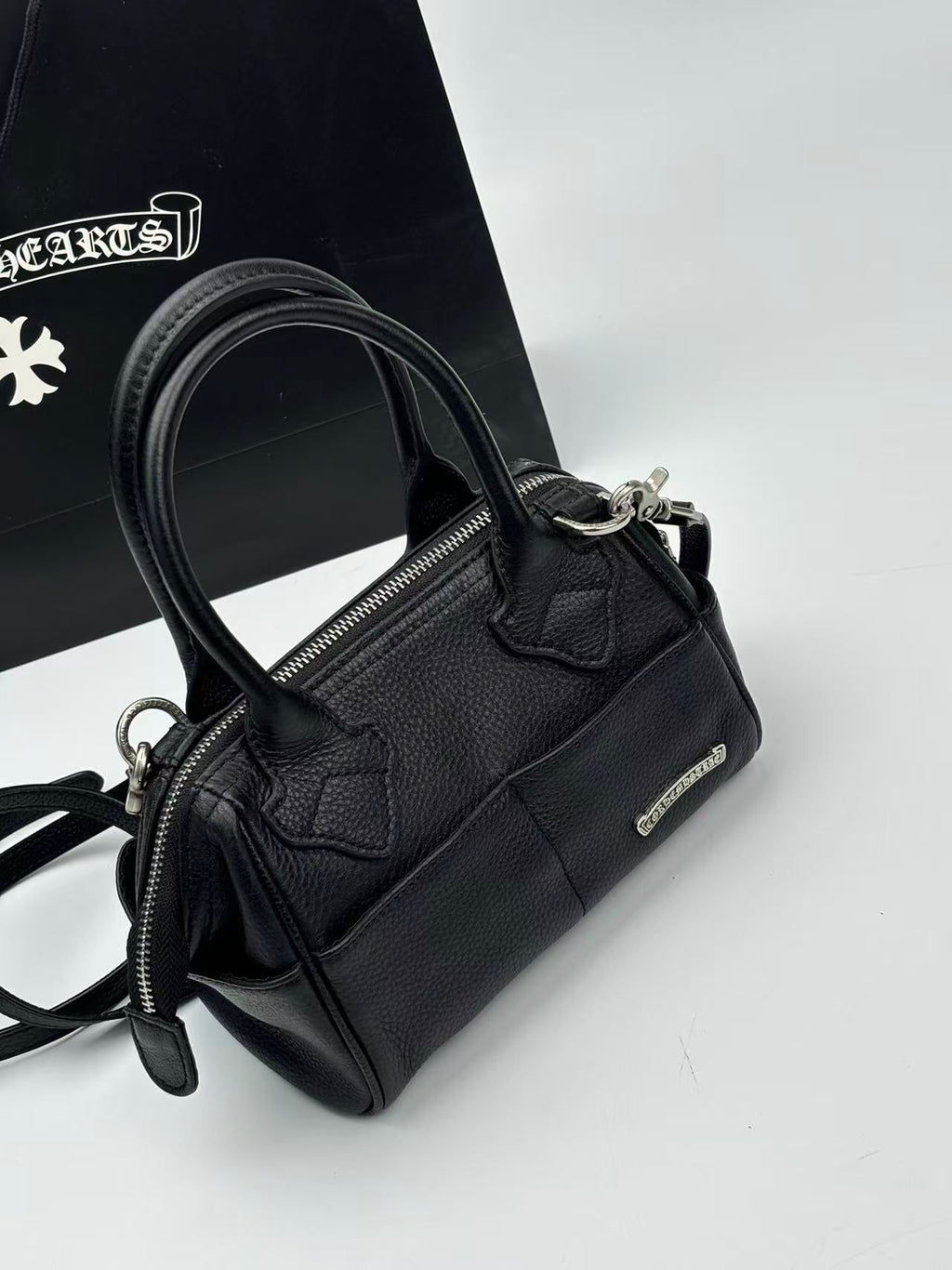 Silver Typography Logo Black Leather Handbag™