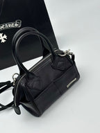 Silver Typography Logo Black Leather Handbag™
