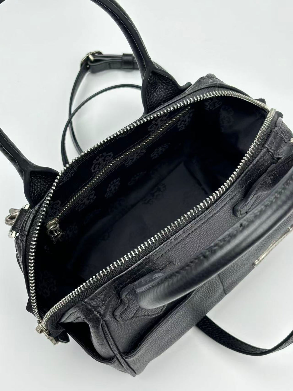Silver Typography Logo Black Leather Handbag™