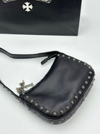 Silver Flower Button Black Leather Handbag™