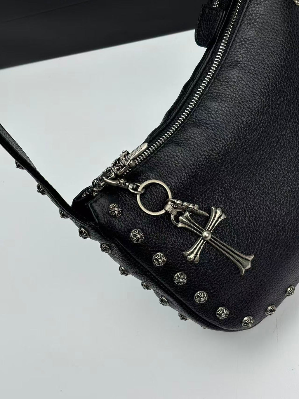 Silver Flower Button Black Leather Handbag™